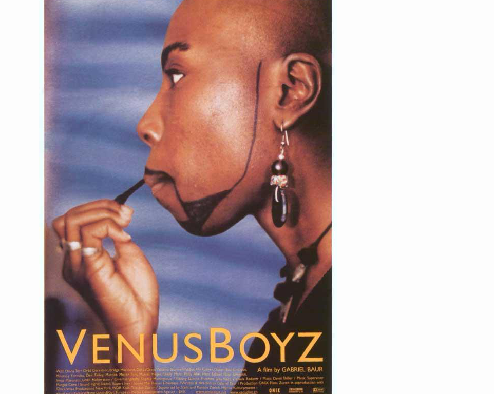 film poster Venus boys featuring black drag king dred applying male make up